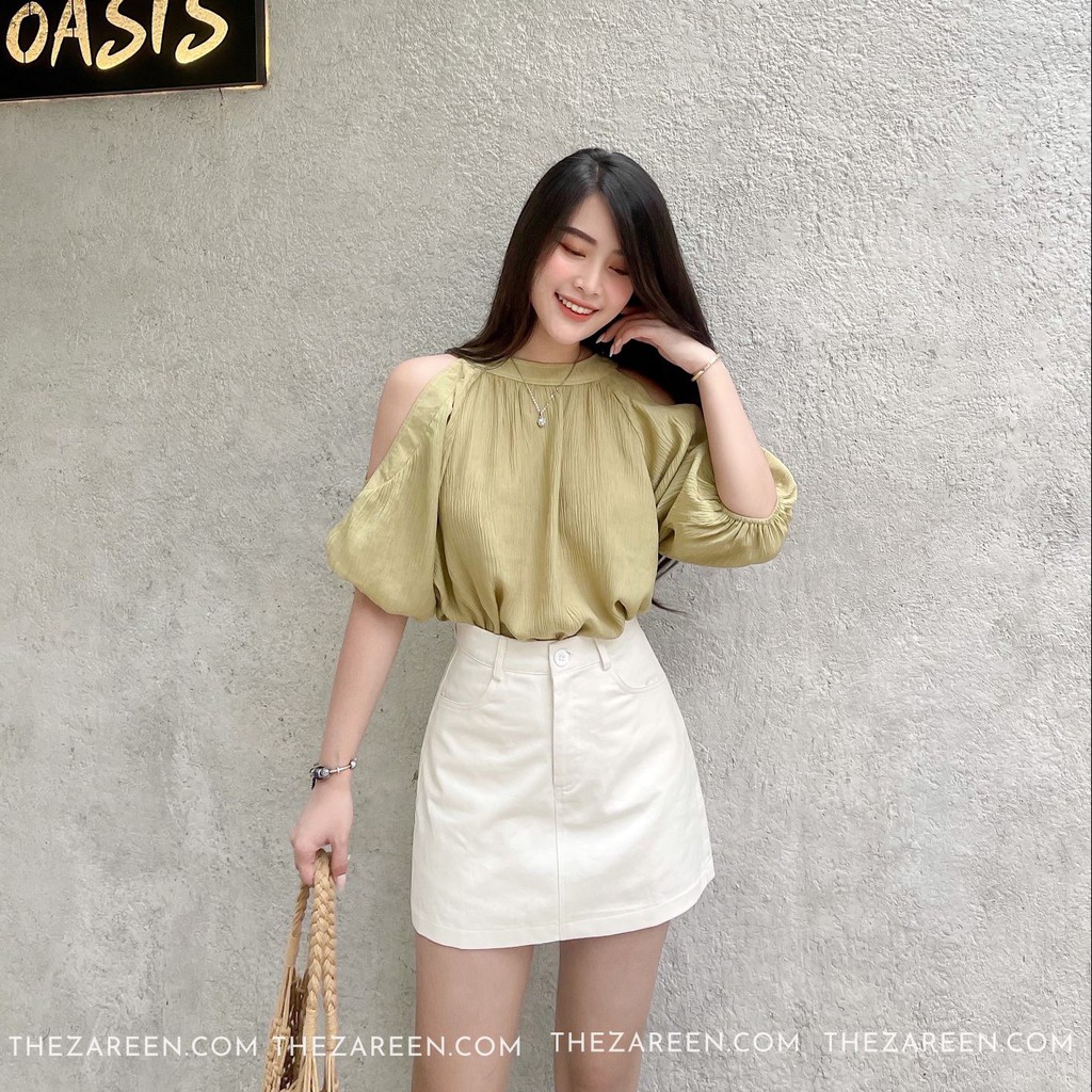 ÁO KIỂU KHOÉT VAI ZAREEN VOA77 XANH BƠ