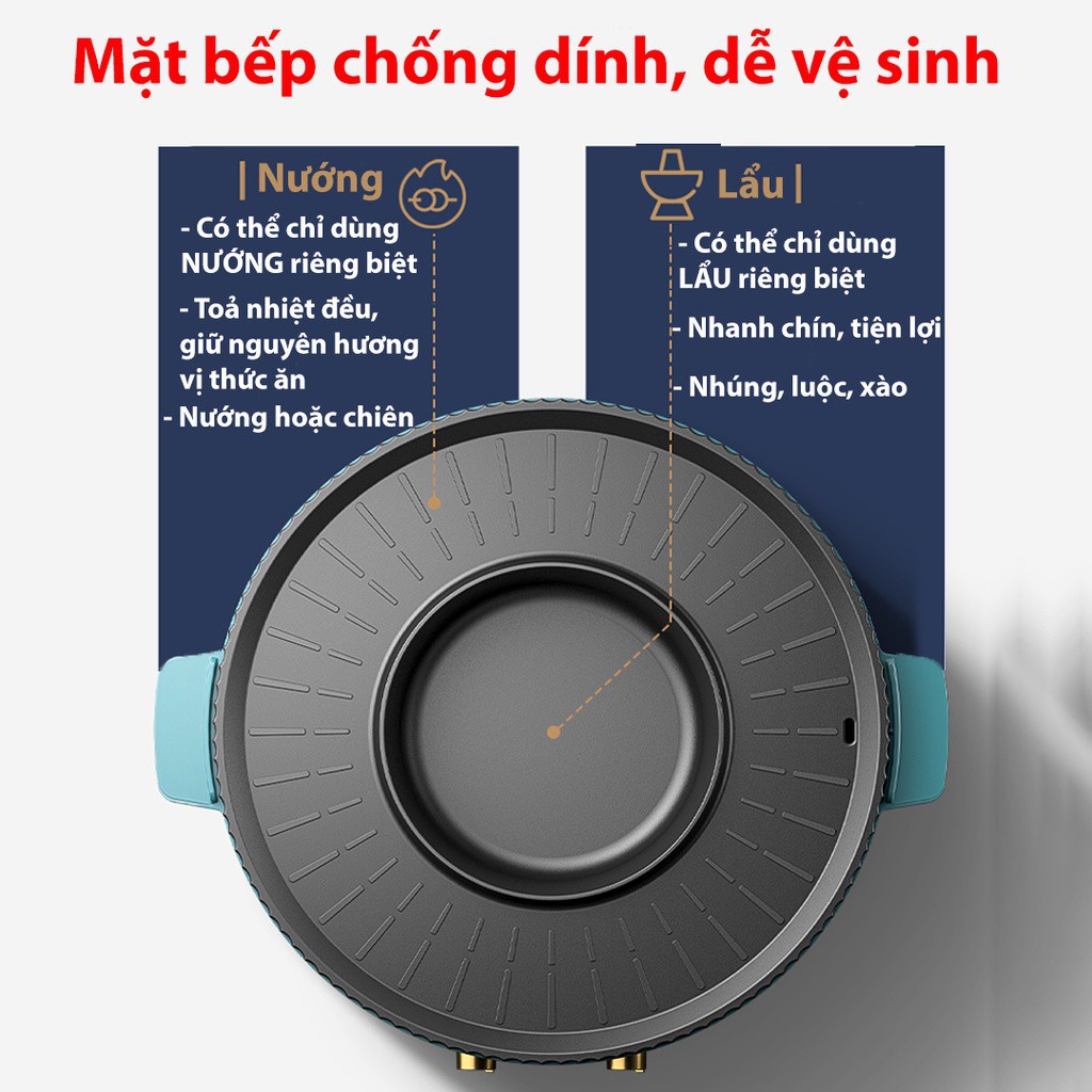 Nồi Lẩu Nướng Điện Đa Năng 2in1 Hàng Nội Địa Trung Cao Cấp, Bếp lẩu nướng 2 in 1 48CM chống dính dễ dàng vệ sinh