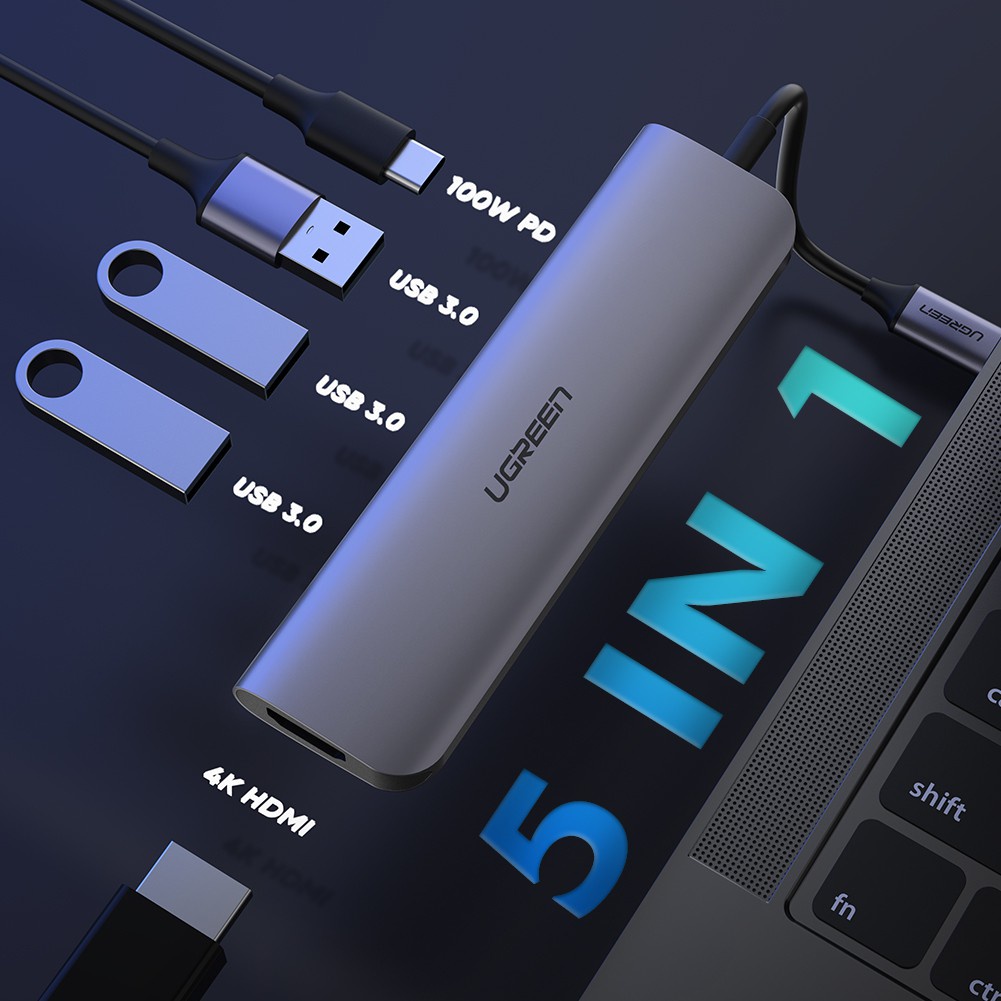 Cáp Chuyển Hub Ugreen 5 In 1 USB Type C Sang HDMI + USB 3.0*3 + PD Ugreen 50209 Chính Hãng Việt Nam