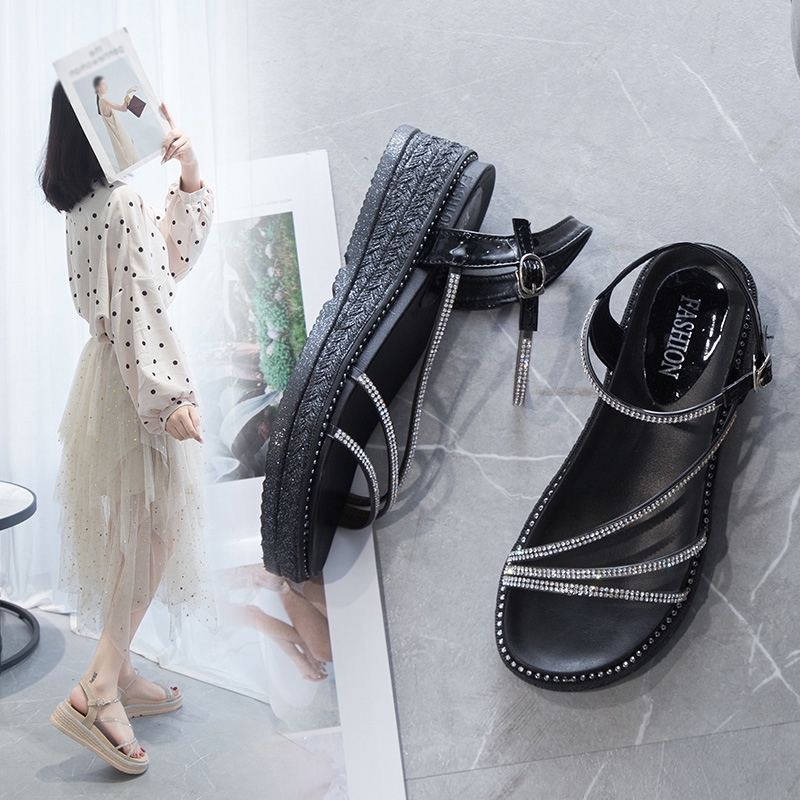 Giày Xăng Đan Đế Dày Đính Đá Thời Trang Cho Nữ