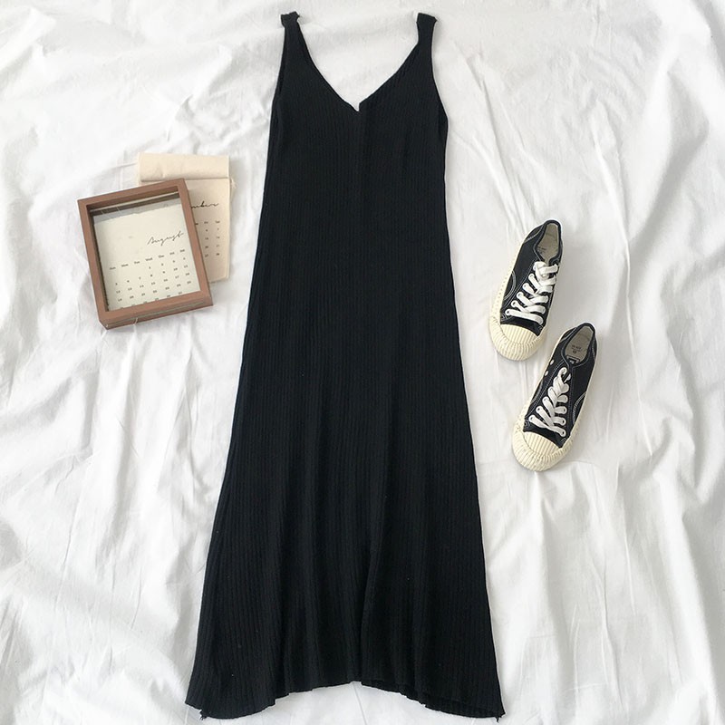 Đầm len gân xòe hai dây ulzzang 7010 | BigBuy360 - bigbuy360.vn