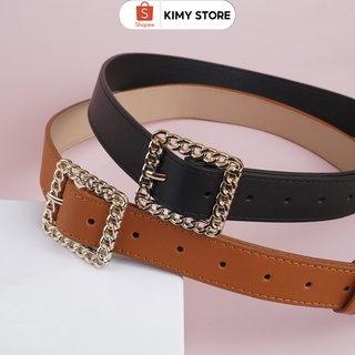 Dây thắt lưng nữ da PU - Thắt lưng nữ đẹp bản to mặt xích vàng hình vuông - KIMY STORE