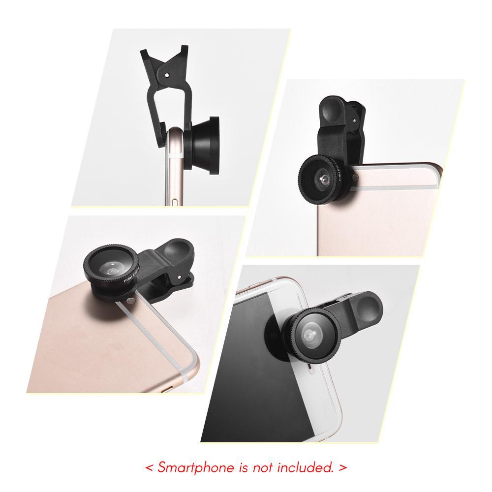 Universal Clip Lens Kit 180° Mobile Phone Fisheye Lens 0.67× Wide Angle Lens Macro Lens 3 in 1 with Clip for iPhone Samsung Huawei Smartphone Lens Mobile Photography Accessories