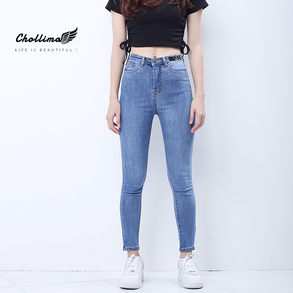 Quần jeans dài nữ co giãn Chollima cạp thường phối dây nịt đen màu xanh thumbnail
