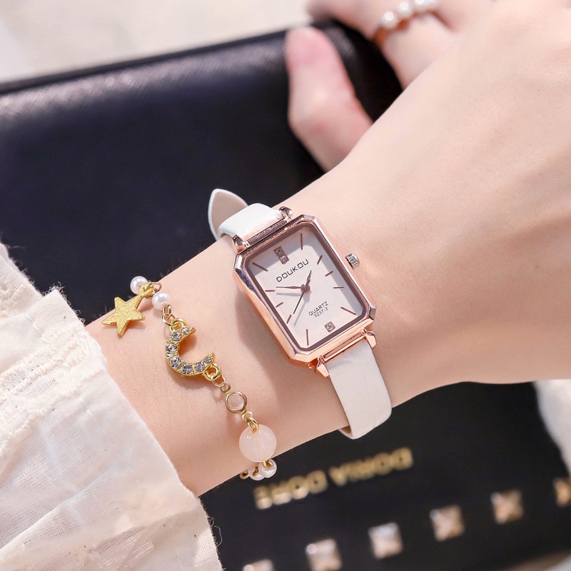 Đồng Hồ Nữ Chính Hãng Doukou TD6 Dây Da Cao Cấp Thời Trang Mặt Vuông Đính Đá Sang Chảnh Đẹp Giá Rẻ A1