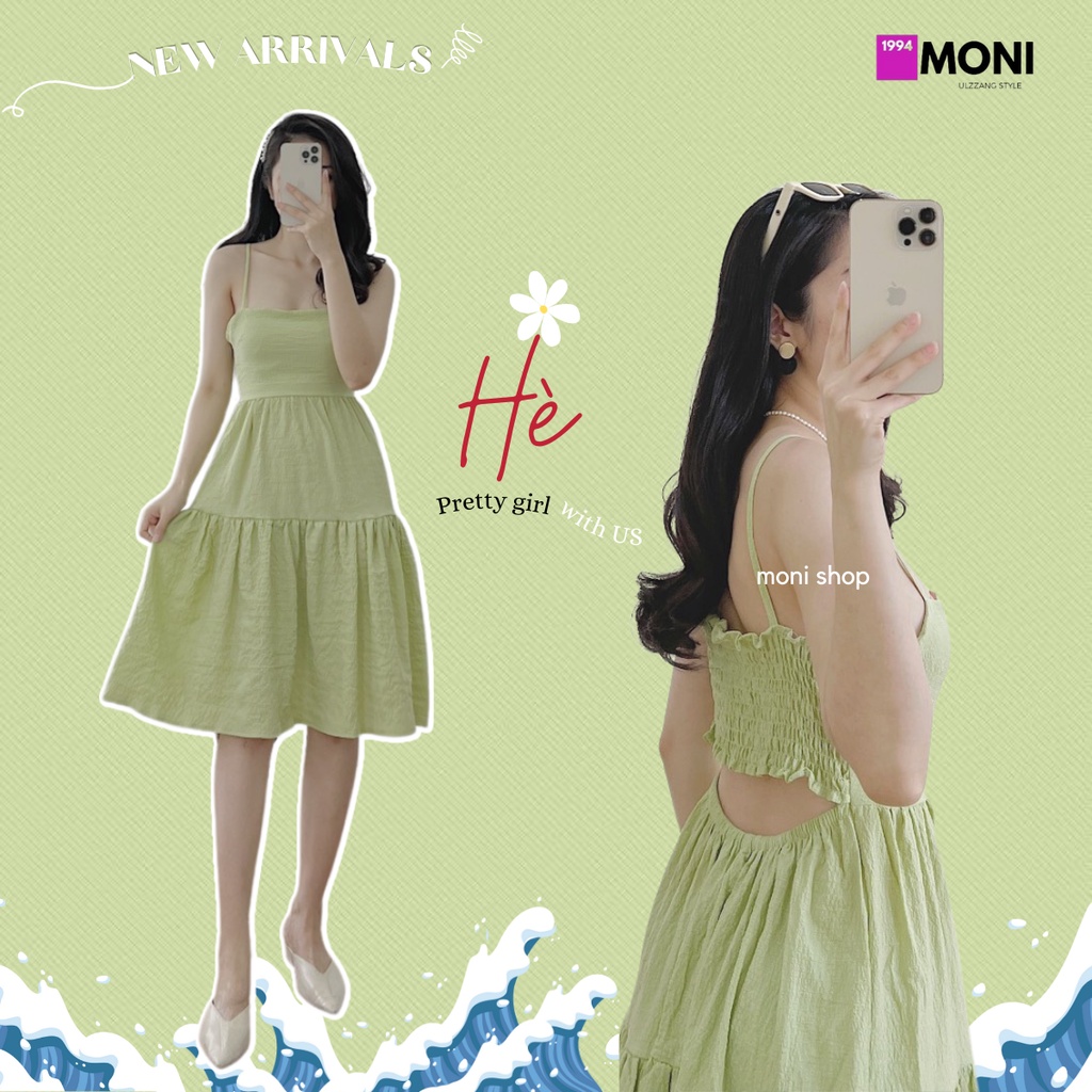 Váy babydoll 2 dây hở lưng đi biển dáng dài xòe xanh dương