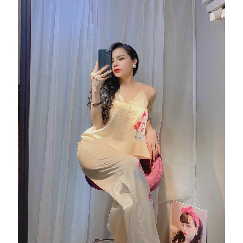 BỘ LỤA 2 DÂY QUẦN DÀI HOA CHƯỚNG CAO CẤP