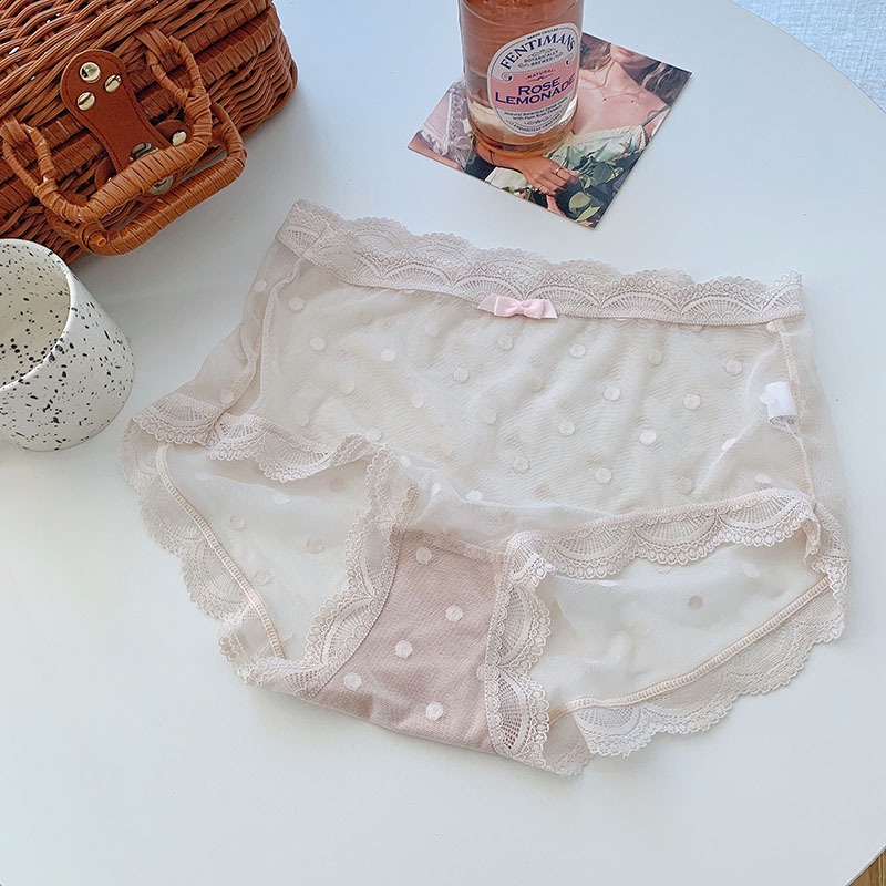 Quần Lót Lưới Siêu Mỏng Lưng Cao Họa Tiết Chấm Bi Phong Cách Nhật Bản Cho Nữ
