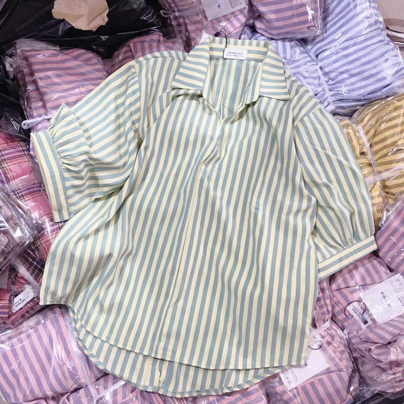 LOVI SHOP- Áo sơ mi kẻ sọc cổ V 4 màu tay phồng nhẹ