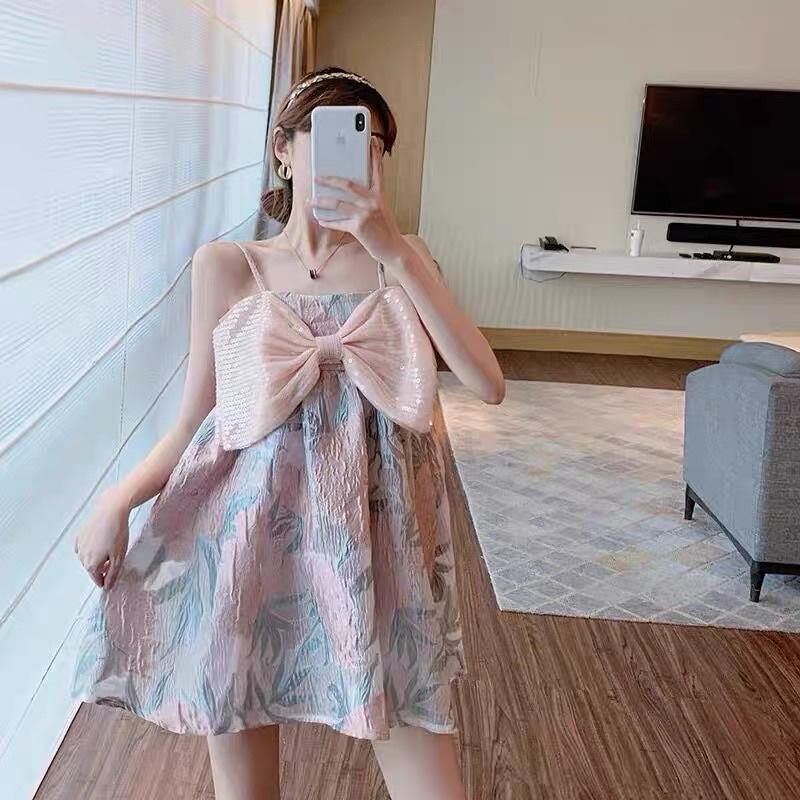 Đầm Dự Tiệc 2 Dây Gấm Nơ Kim Sa Cực Xinh
