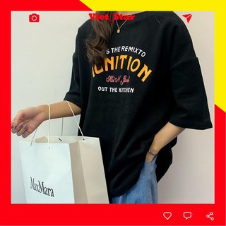 Áo thun tay lỡ form rộng cổ tròn Nữ In Ngực Ignition, thun cotton, 2 màu đen/trăng VST