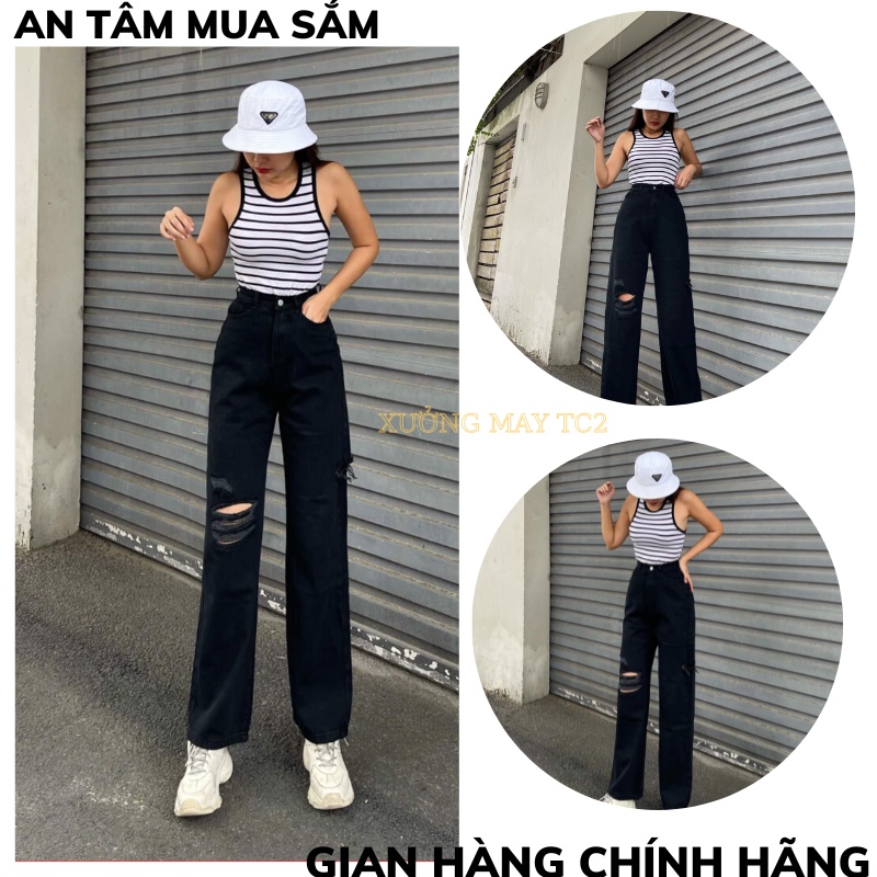 Quần jean ống suông rộng màu đen trơn rách 1 bên cơ bản cạp lưng cao thương hiệu cao cấp