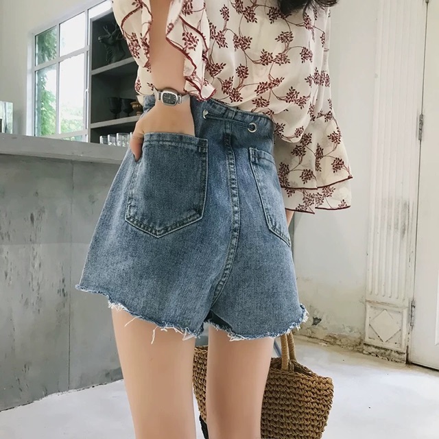 (Order) Có bigsize Quần short jeans cạp dập lỗ tròn luôn dây buộc, gấu rách 2019