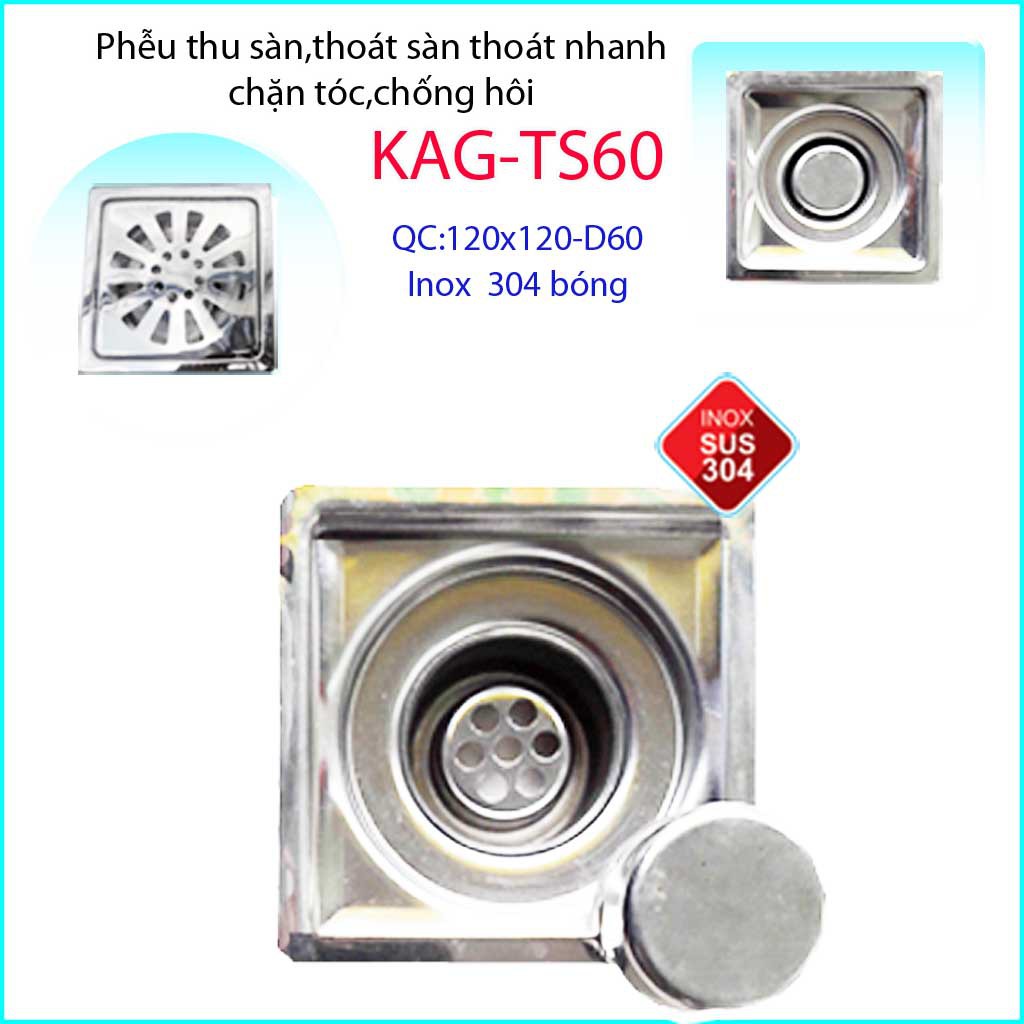 Phễu thoát sàn 12x12cm KAG-TS60 (D6cm) chống mùi hôi inox 304, hố ga thoát sàn 12x12cm cho ống D60mm mặt hoa cúc