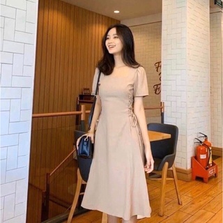 Đầm váy cổ vuông đan dây eo 6 màu