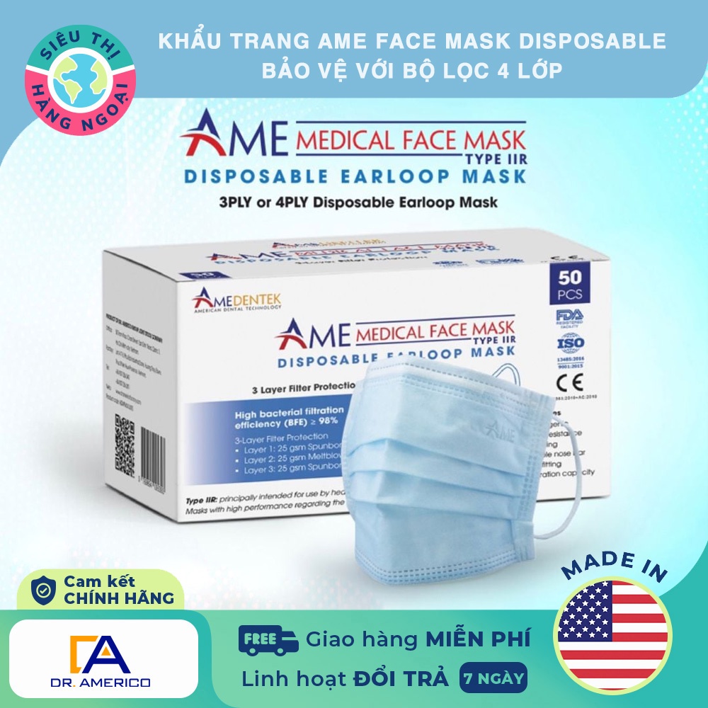 Khẩu trang Ame Face Mask Disposable 4 Layer Filter Protection [Bảo vệ với bộ lọc 4 lớp] USA Siêu Thị Hàng Ngoại