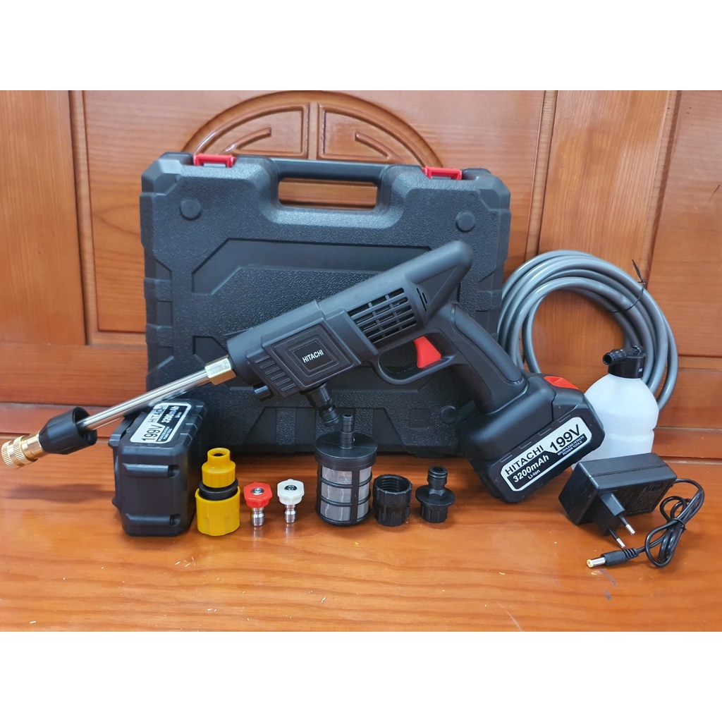 Máy rửa xe HITACHI dùng Pin mini 199V, Máy xịt rửa tăng áp Hitachi 199V áp lực cao 1400W