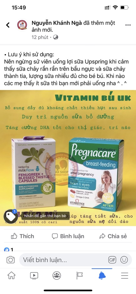 Combo lợi sữa Pregnacare breastfeeding và cỏ lợi sữa Mỹ Upspring Milkflow hàng chuẩn hãng