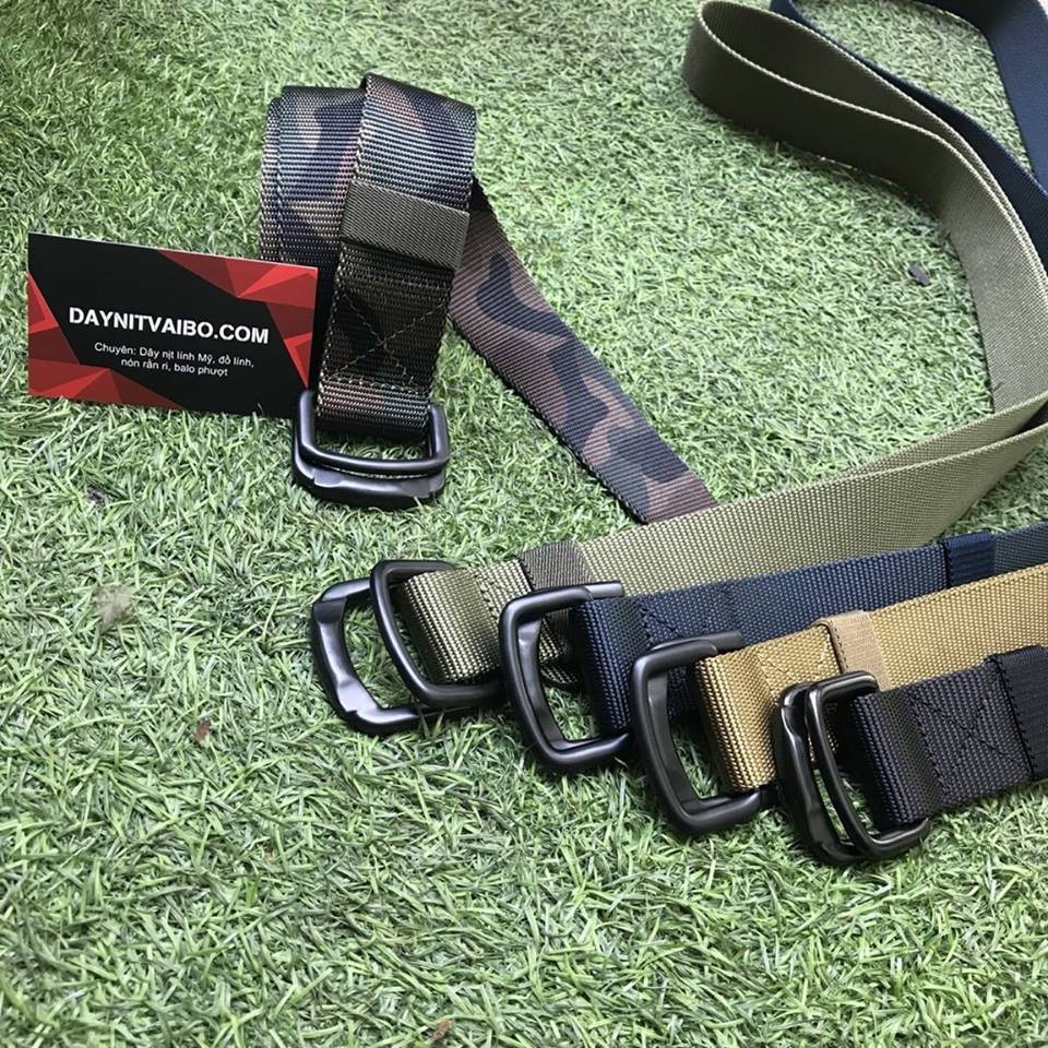 Dây nịt thắt lưng canvas dạng gài 2 thanh tròn khóa chữ D double ring rằn ri camo màu full đen