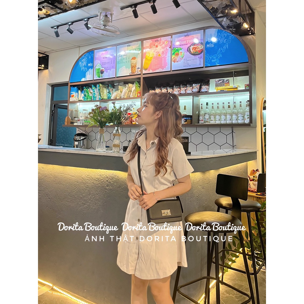 Váy sơ mi chun lưng Basic dáng Hàn, Đầm sơ mi kaki 2 da Hàn Quốc