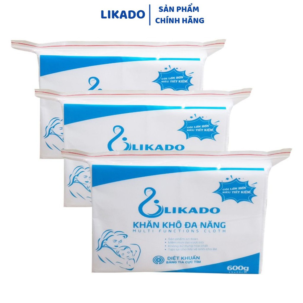 Khăn vải khô đa năng cho bé Likado 600g mềm mịn an toàn cho bé 550 tờ (15*20cm)(3 gói)(SP003043 )