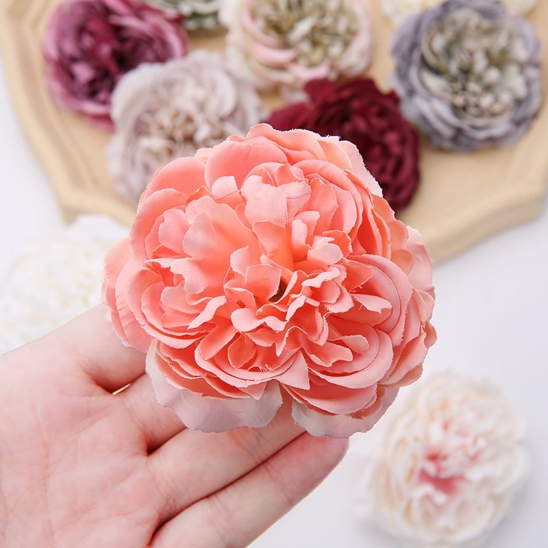 Đầu bông hồng trà lụa trang trí, trà mẫu đơn trang trí đầu bông 9cm