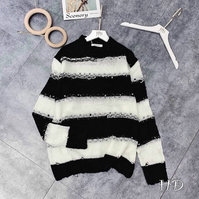 Áo len sọc trắng đen tay dài chị Nina Lê mặc siêu cưng LOTUS SHOP ơi