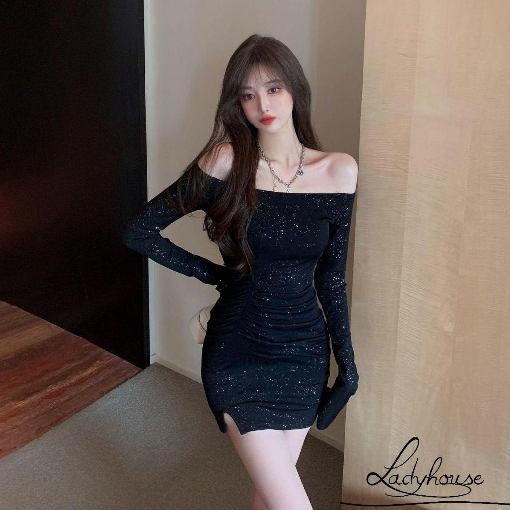 Ldd-đầm Quấn Tay Dài Hở Vai Màu Đen Đính Đá Trang Trí Dành Cho Nữ Size S / M / L / XL / XXL