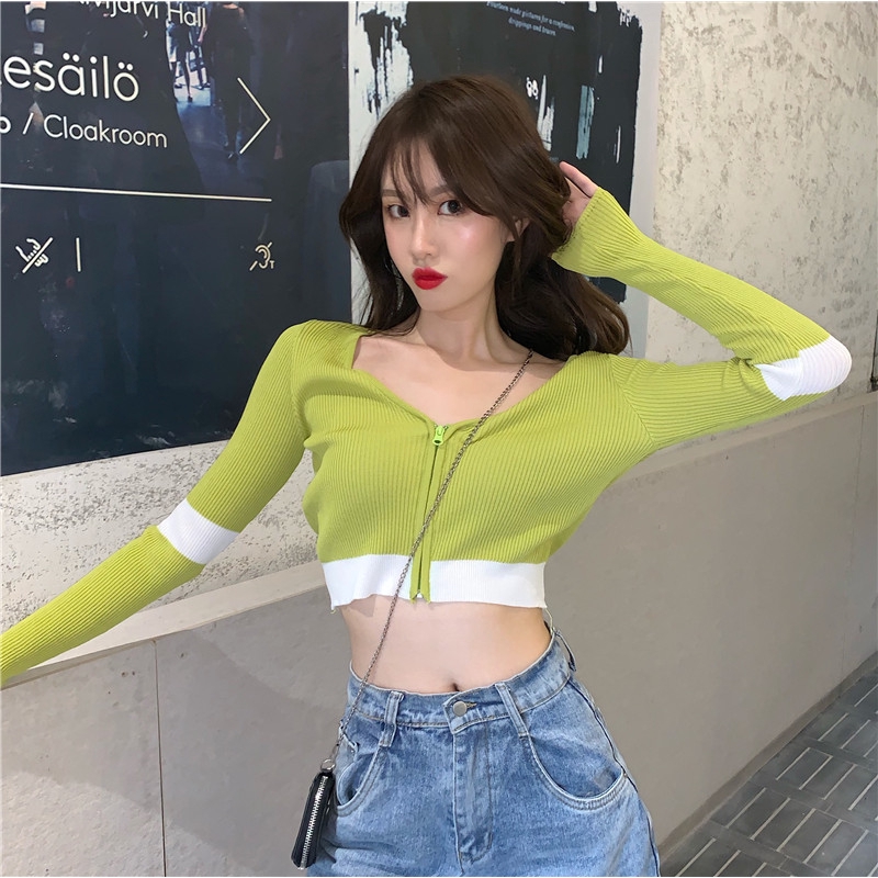 áo khoác cardigan tay dài cổ chữ v phối khoá kéo thiết kế khoá kéo quyến rũ