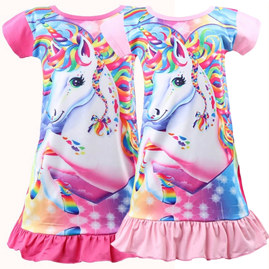 Kids Nightdress Nightie Pyjamas Pj's Nighty Girls Princess Unicorn Holiday Skirt