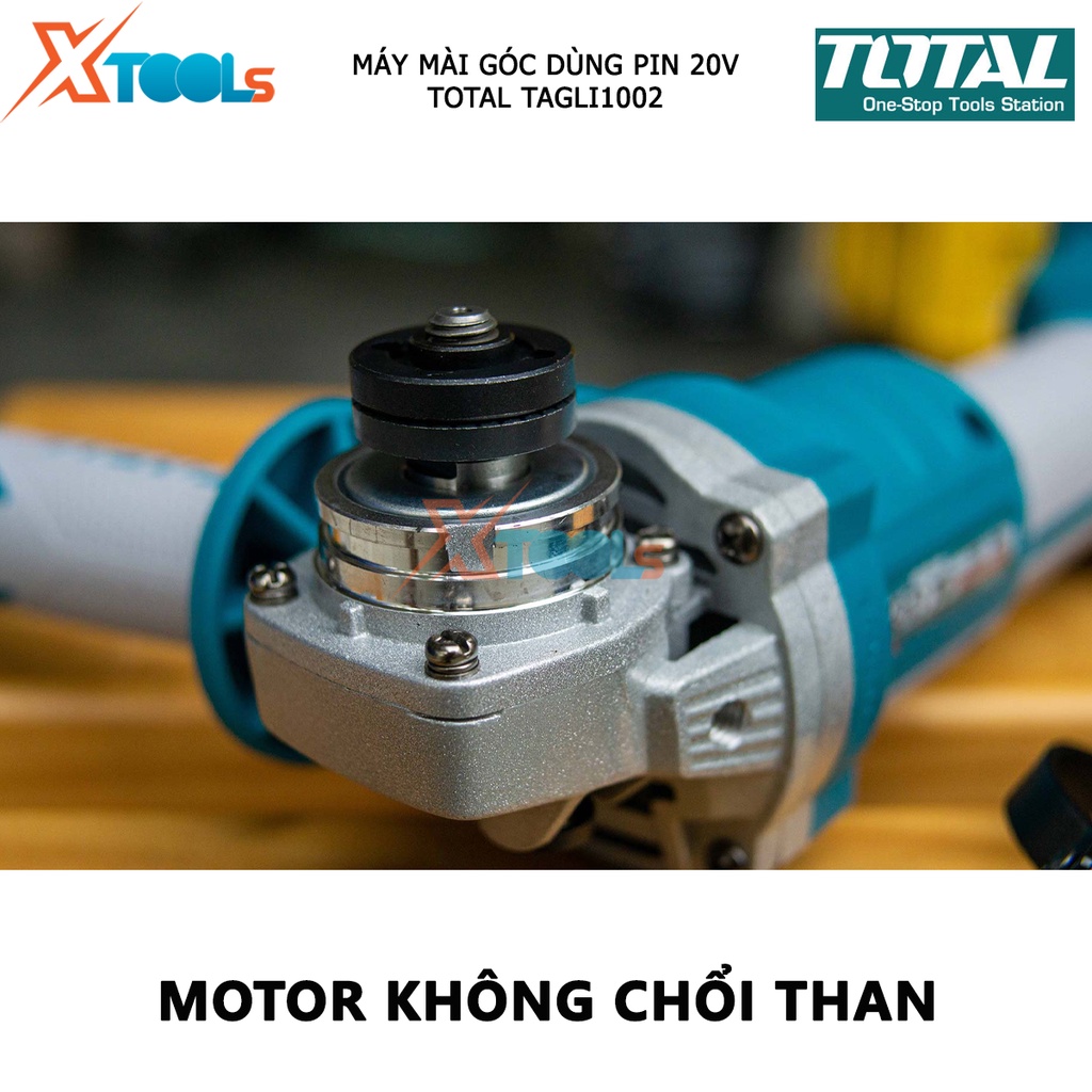 Máy mài góc KHÔNG CHỔI THAN TOTAL, điện thế 20V, đĩa cắt 100mm, cốt M10, kèm 2 pin 4.0AH và cục sạc - có bán lẻ thân máy