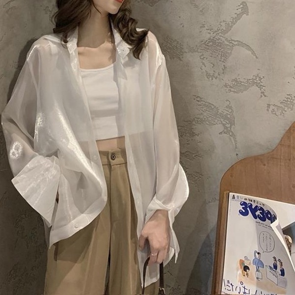 Áo sơ mi voan mỏng nữ form rộng, Sơmi vải voan trắng lụa đẹp, Áo khoác ngoài xuyên thấu NgaTitt.store