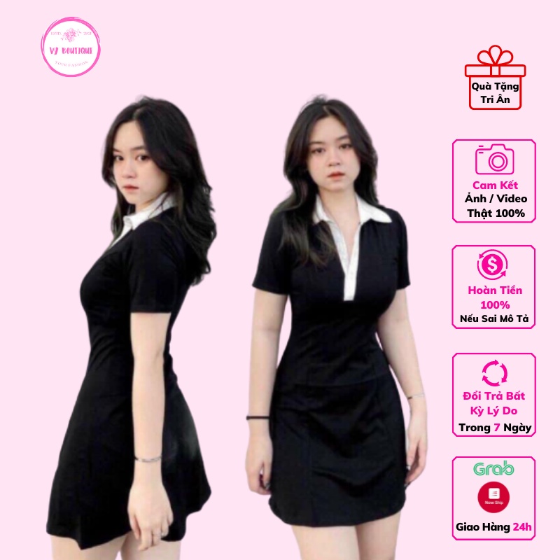 Váy Đen Body Cổ Vest Trắng Chất Cotton Co Dãn Thoáng Mát