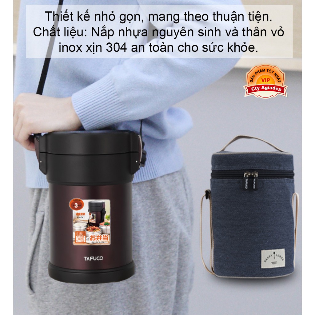 Hộp cơm giữ nhiệt cao cấp TAFUCO NHẬT BẢN Chân không 3 Lớp 24h - 2 Lít