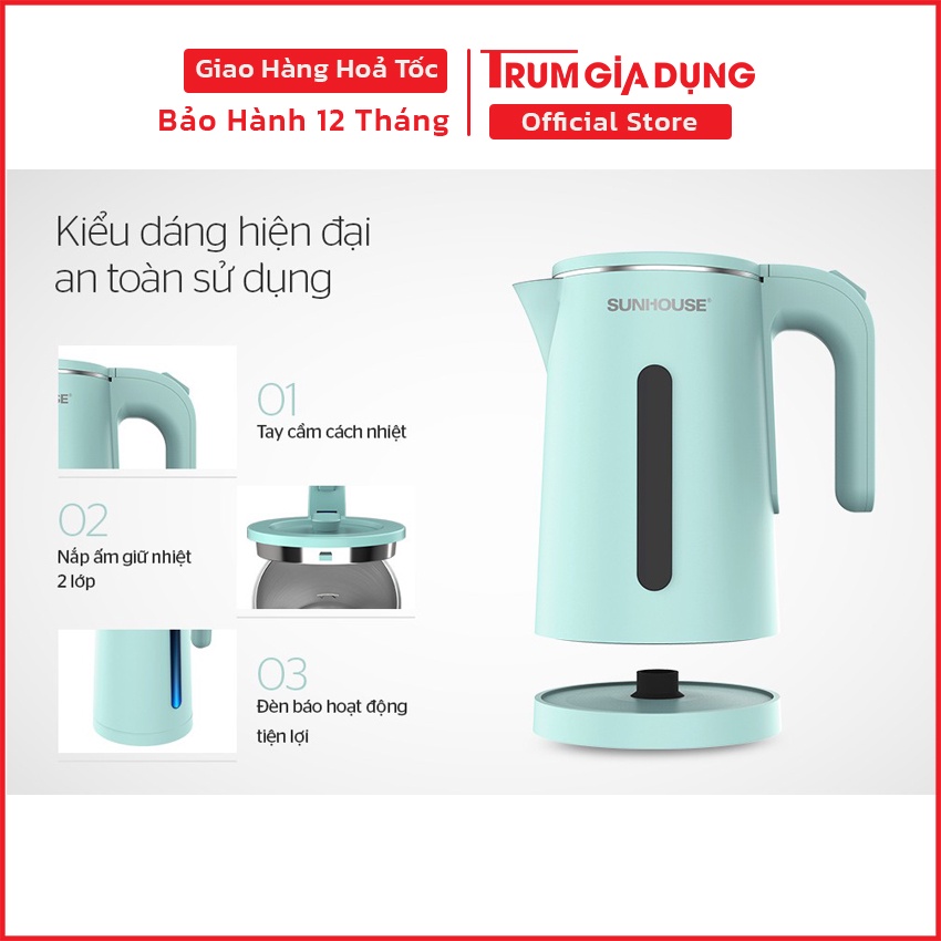 Ấm siêu tốc, bình đun siêu tốc Sunhouse inox 2 lớp, dung tích 1,8 lit, SHD1351