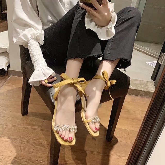 [ ORDER ] sz 34-39 sandals gót trong quai trong đính đá phối dây buộc nơ cổ chân bánh bèo, sang chảnh - hot 2019