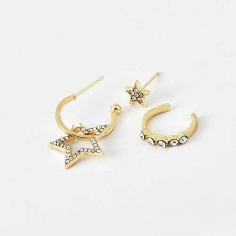 Fashion Women's Crystal Star Ear Stud Cuff Star Pendant Stud Hoop Earrings