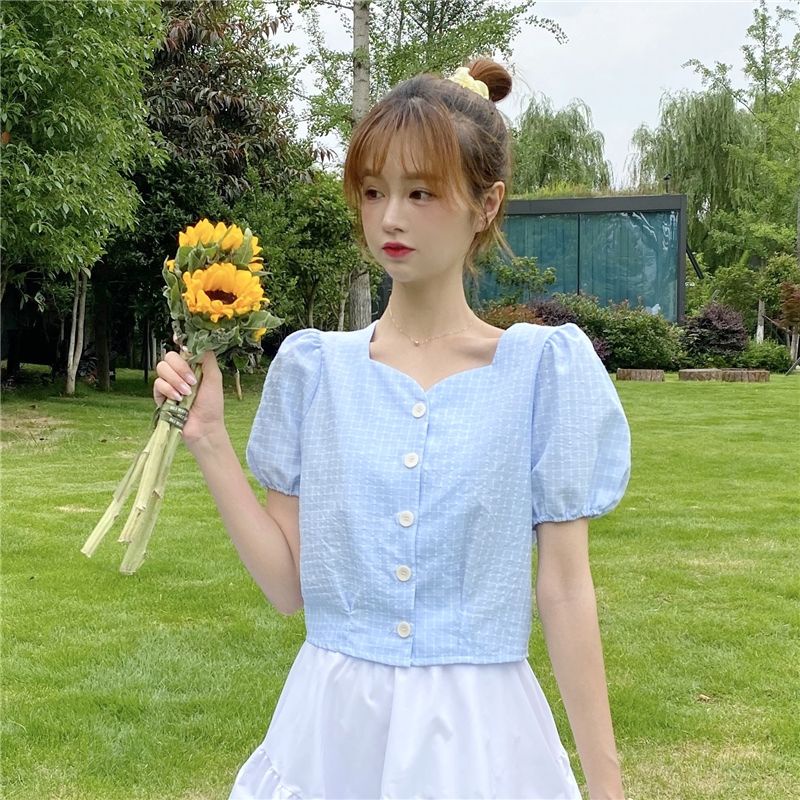 Áo sơ mi nữ đẹp màu xanh nhạt kẻ sọc cotton mùa xuân và mùa hè năm 2021 mới ngắn tay ôm vừa vặn