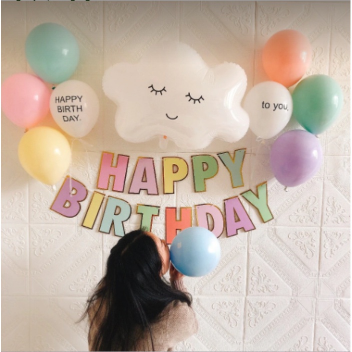 Set bong bóng trang trí sinh nhật Hàn Quốc có lá set bóng dài xoắn phụ kiện trang trí sinh nhật Happy Birthday đẹp