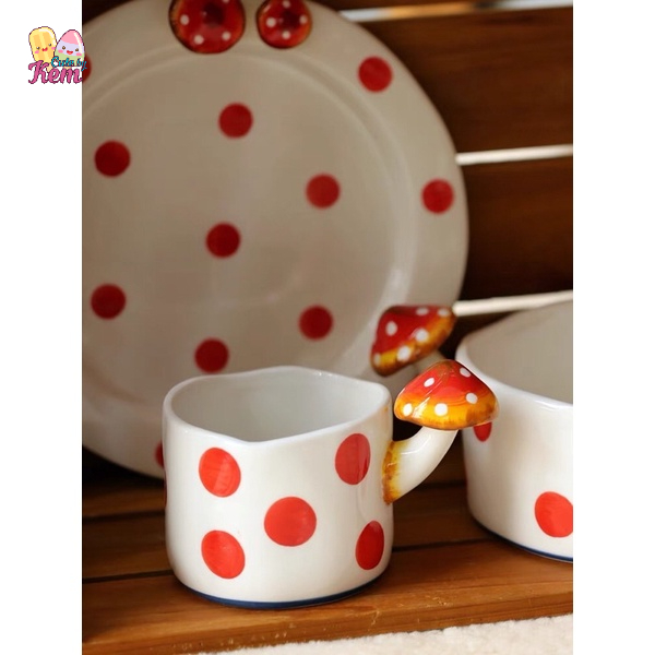 Ấm trà, cốc hình nấm, đĩa, tô sứ có tay cầm hình nấm đáng yêu