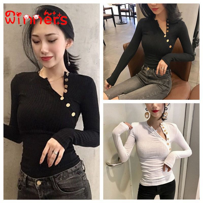 Áo ôm tay dài phối nút thời trang cho nữ