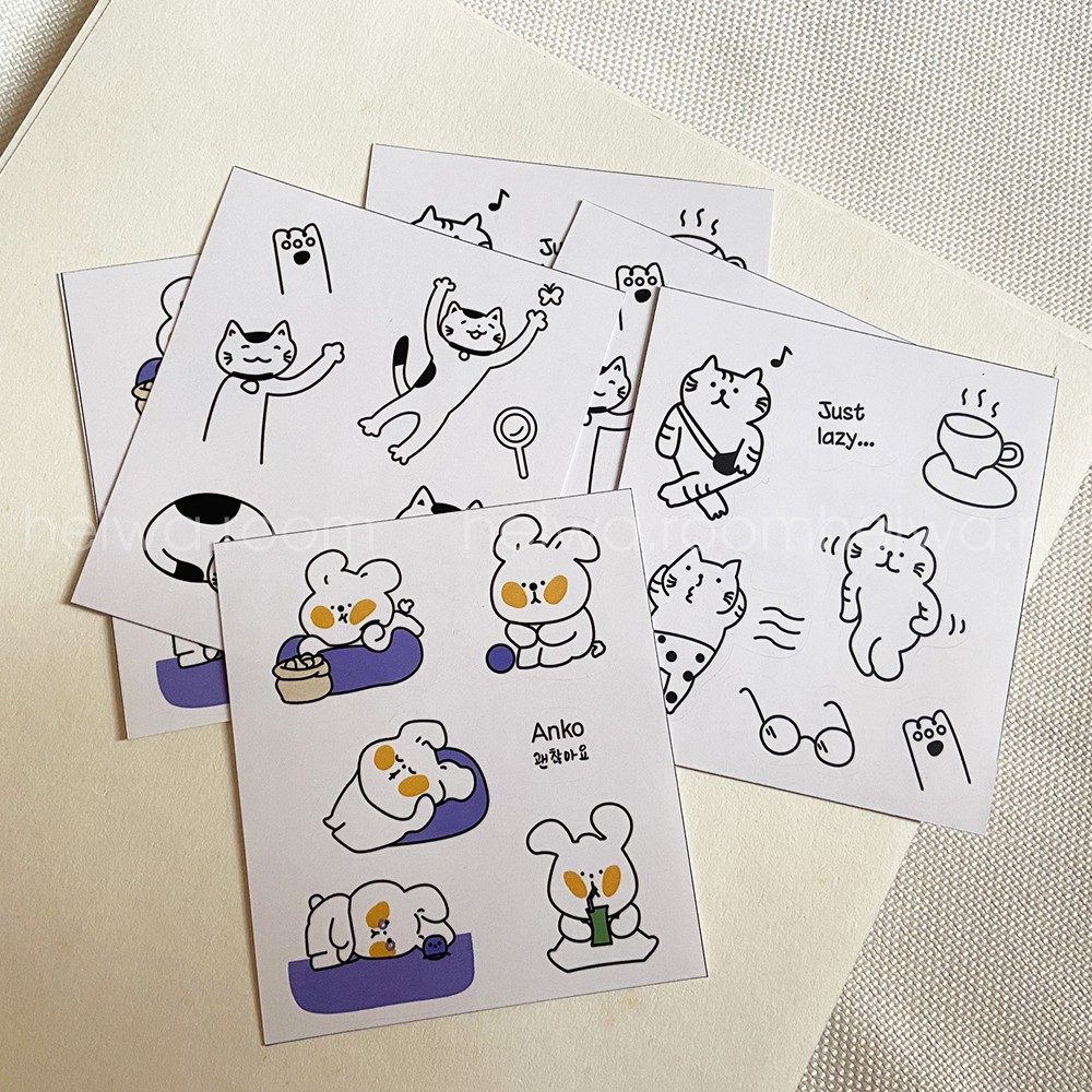 Sticker  dán hình mèo con dễ thương cùng người bạn Anko ham ngủ, ham ăn trang trí sổ tay theo phong cách Hàn Quốc