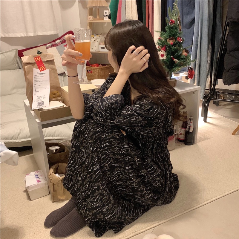 Đầm maxi SUXI tay dài cổ chữ v in họa tiết hoa phong cách Hàn Quốc cổ điển thời trang mùa thu cho nữ