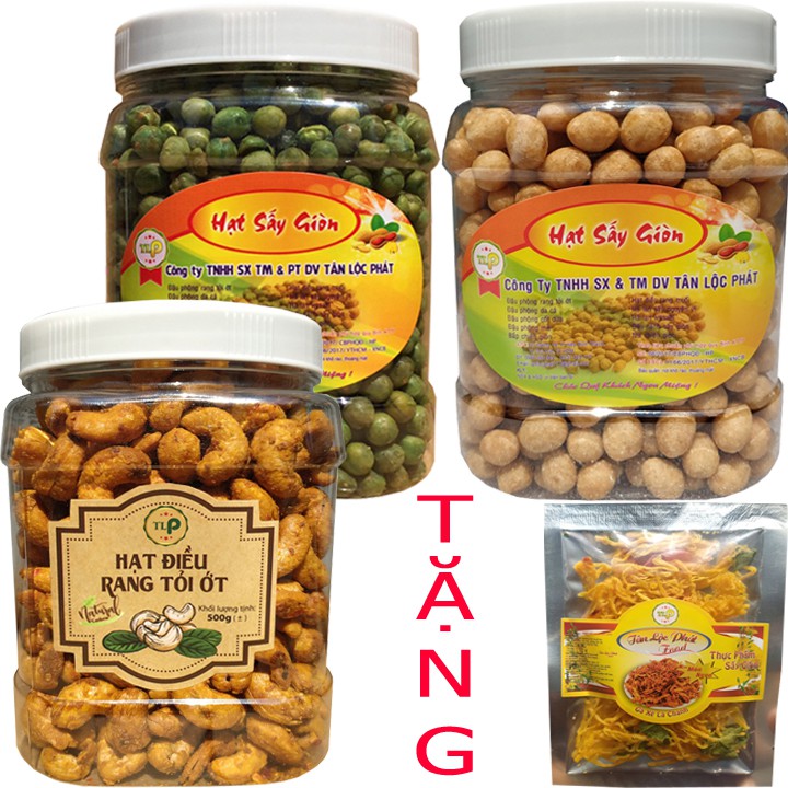 Combo 3 Hũ: 500g Hạt Điều Tỏi Ớt-500g Đậu Phộng Cốt Dừa-500G Đậu Hà Lan Sấy TẶNG 1 Bịch Khô Gà