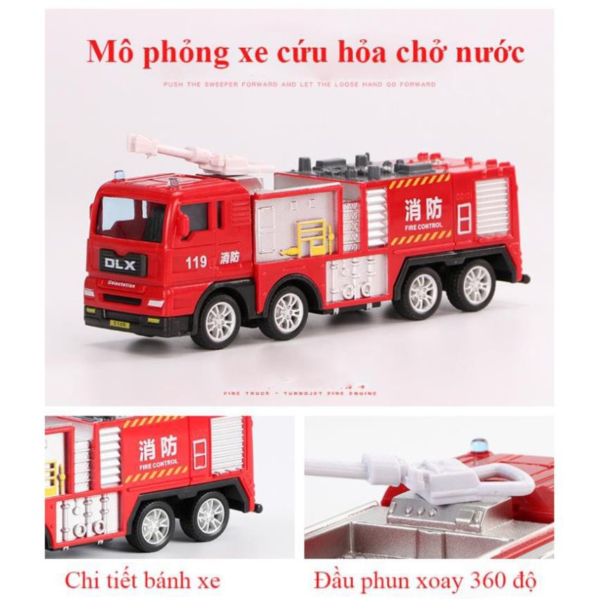 Xe mô hình đồ chơi xe đầu kéo chở xe cứu hỏa chở nước (gồm 2 xe) nhựa ABS an toàn, kích thước lớn