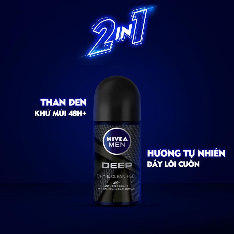 Combo 2 Lăn ngăn mùi NIVEA MEN Deep 50ml x 2 chai Black Charcoal Dry &amp; Clean Feel than đen hoạt tính