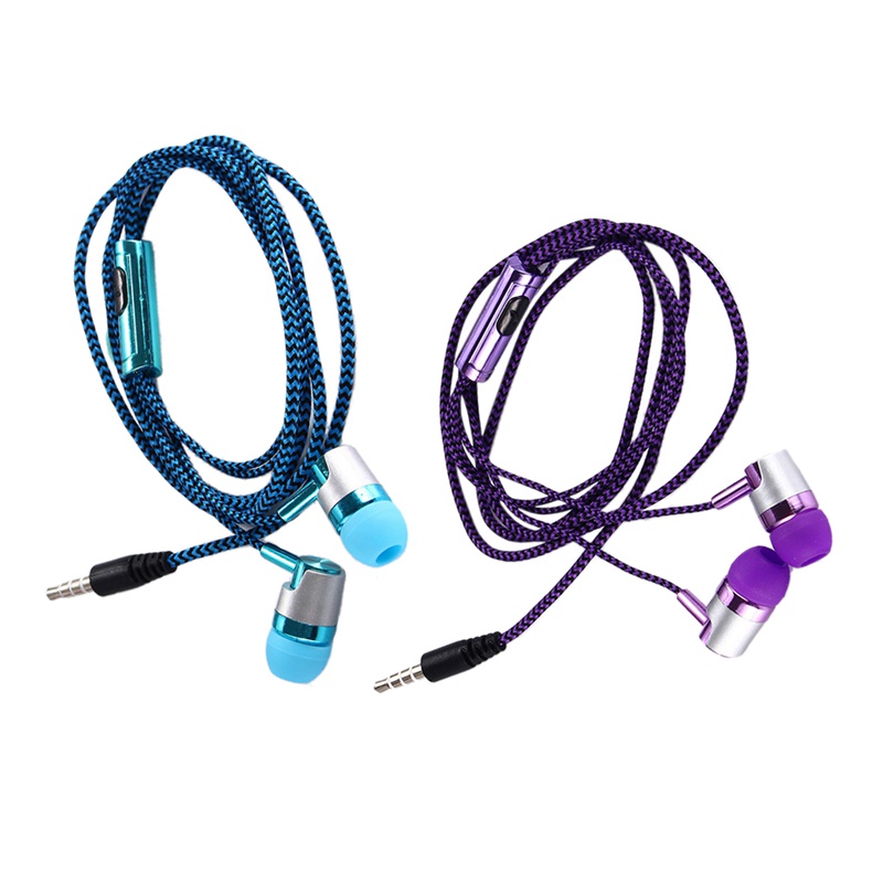 Set 2 tai nghe dây bện H-169 3.5mm MP3 MP4 âm thanh siêu trầm màu xanh dương và tím