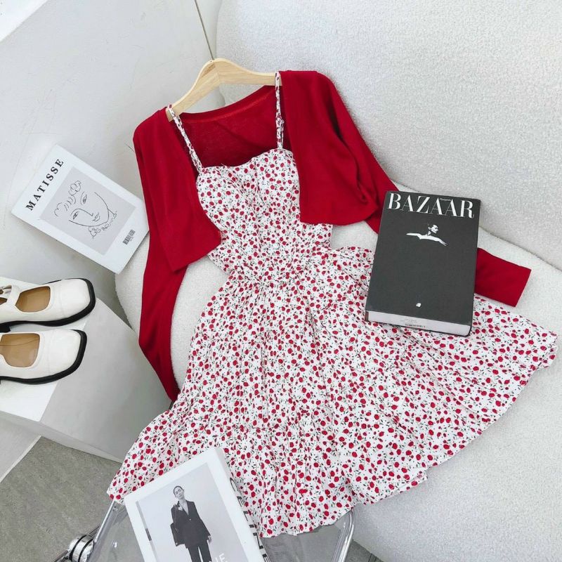 SALE TÉT-Set đầm 2 dây hoa nhí kèm áo khoác đỏ-hàng thiết kế