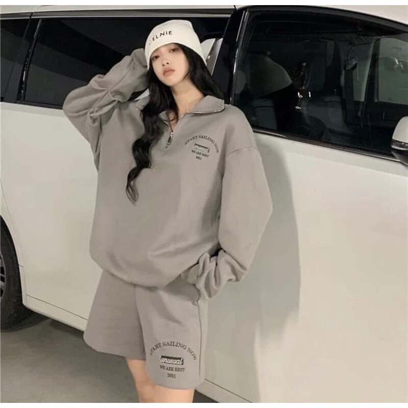 Set bộ nỉ áo polo khoá mix quần đùi màu Xám