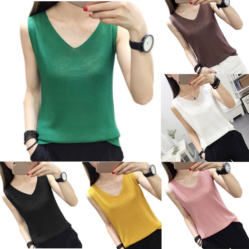 Áo Dệt Kim Nữ Sát Nách Cổ Chữ V Màu Sắc Kẹo Ngọt
